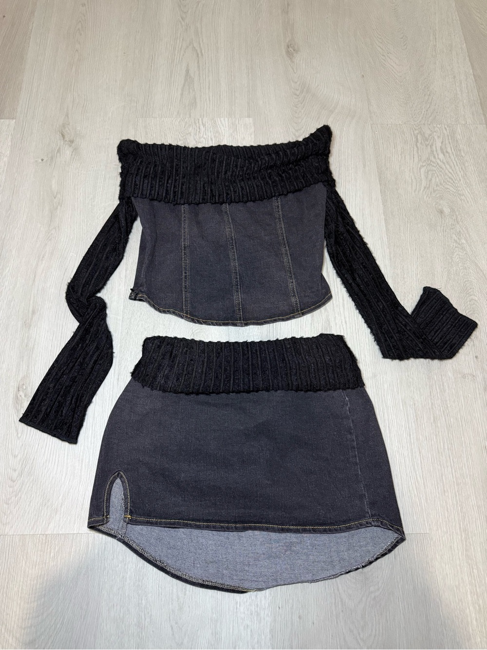 Fashion Nova Black Knit-Waist Denim Mini Skirt Set